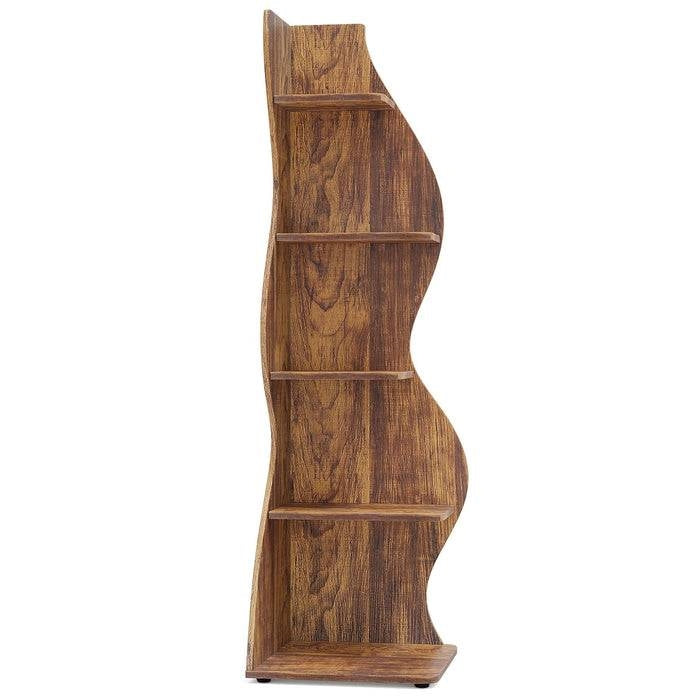 Modern Wave Shape 5 Shelf Corner Bookcase in Brown Wood Finish, whimsical design with seagrass inspiration, perfect for compact spaces.