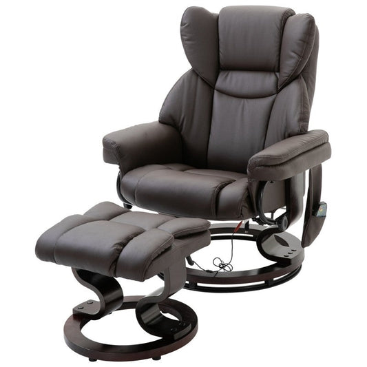 Adjustable Brown Faux Leather Remote Massage Recliner Chair w/ Ottoman with sleek design and wood base for relaxation.