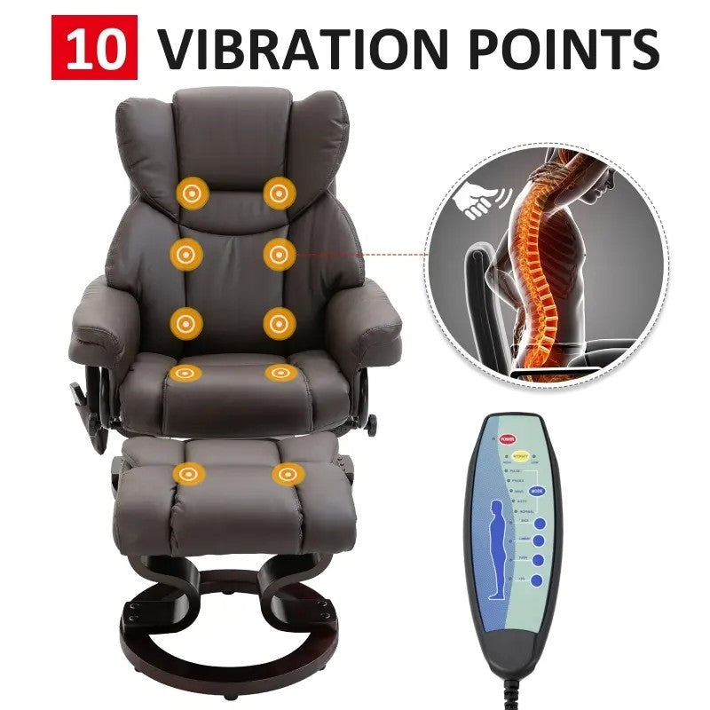 Adjustable Brown Faux Leather Remote Massage Recliner Chair w/ Ottoman with 10 vibration points and remote control