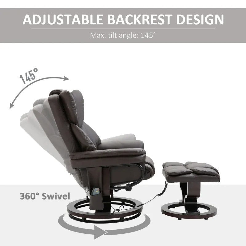 Adjustable Brown Faux Leather Remote Massage Recliner Chair w/ Ottoman with 145° tilt angle and 360° swivel feature.
