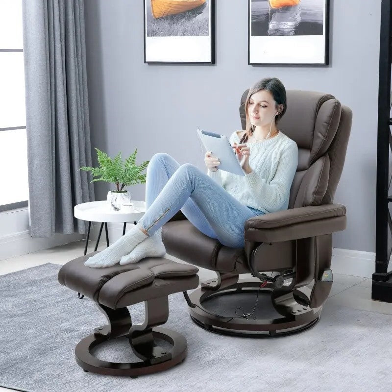 Woman relaxing in Adjustable Brown Faux Leather Remote Massage Recliner Chair w/ Ottoman while reading on tablet in living room.