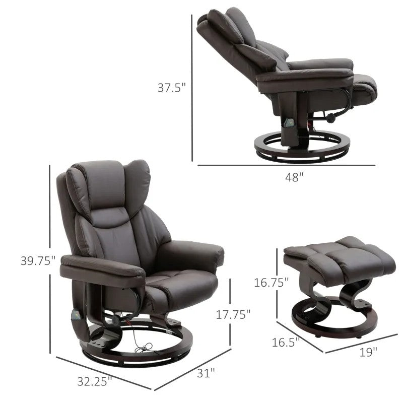 Dimensions of Adjustable Brown Faux Leather Remote Massage Recliner Chair w/ Ottoman shown from various angles.