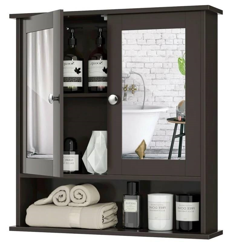 Brown Wooden Bathroom Wall / Medicine Cabinet with Mirrored Doors and Shelf in modern bathroom setting.