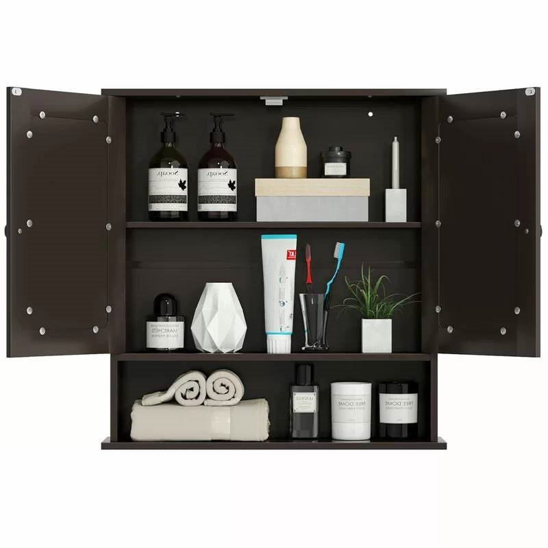 Brown Wooden Bathroom Wall / Medicine Cabinet with Mirrored Doors and Shelf, open with items displayed inside, showcasing storage.