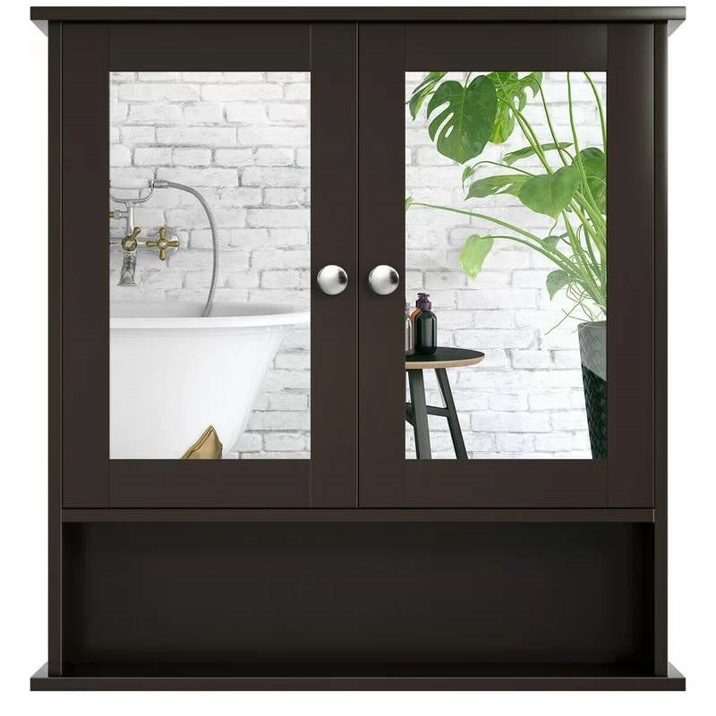 Brown Wooden Bathroom Wall / Medicine Cabinet with Mirrored Doors and Shelf in modern decor setting