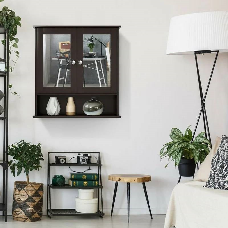 Brown Wooden Bathroom Wall / Medicine Cabinet with Mirrored Doors and Shelf in modern living room setting.