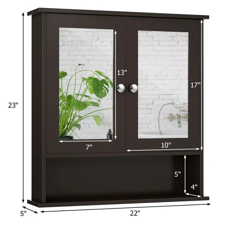 Brown Wooden Bathroom Wall / Medicine Cabinet with Mirrored Doors and Shelf, adjustable interior shelf, space-saving design