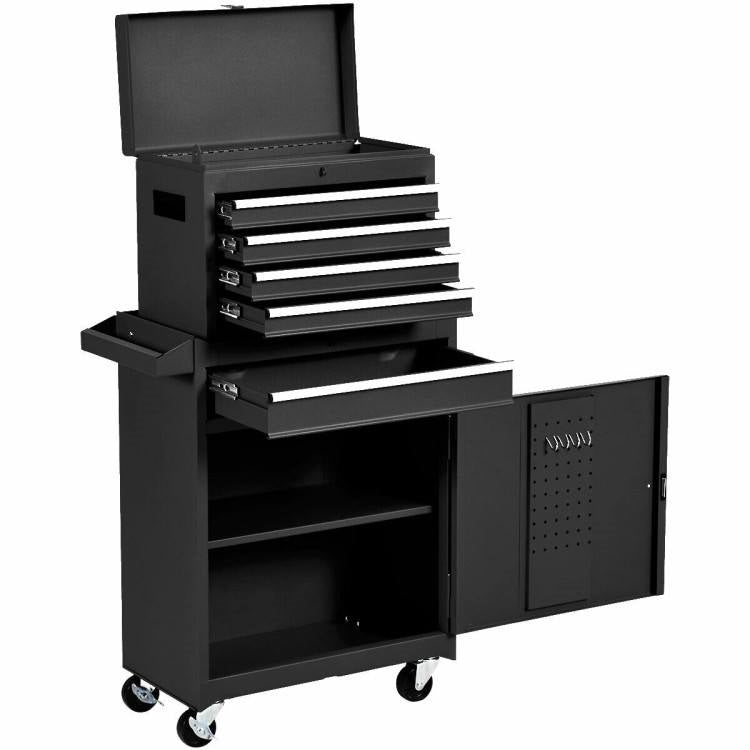 Black Heavy Duty Steel Lockable Rolling Garage Tool Chest Mobile Storage Cart with 5 drawers, 2 trays, and large bottom cabinet.