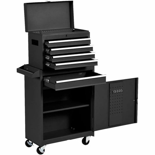 Black Heavy Duty Steel Lockable Rolling Garage Tool Chest Mobile Storage Cart with 5 drawers, 2 trays, and large bottom cabinet.