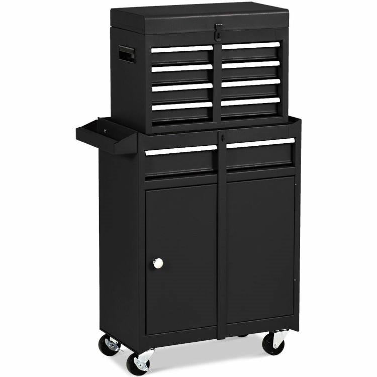Black Heavy Duty Steel Lockable Rolling Garage Tool Chest Mobile Storage Cart with detachable design and multiple drawers.
