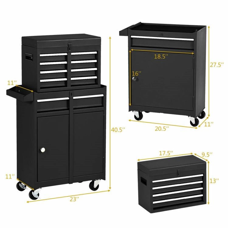 Black Heavy Duty Steel Lockable Rolling Garage Tool Chest Mobile Storage Cart with detachable boxes and multiple drawers.