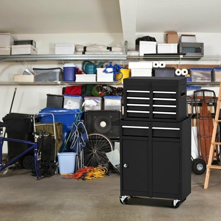 Black Heavy Duty Steel Lockable Rolling Garage Tool Chest Mobile Storage Cart in a garage setting.