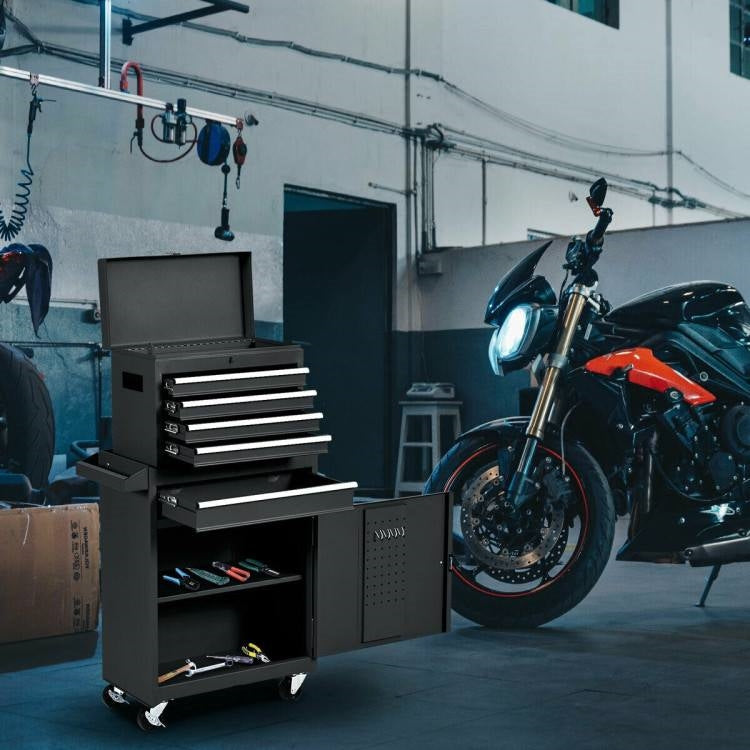 Black Heavy Duty Steel Lockable Rolling Garage Tool Chest Mobile Storage Cart with tools in workshop with motorcycle