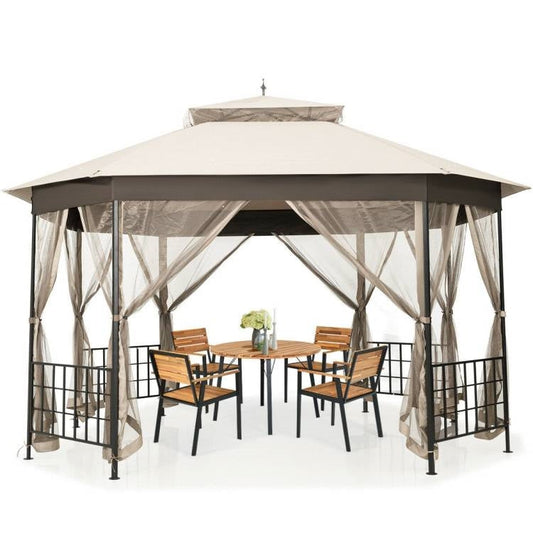 Outdoor 10 x 12 Ft Octagon Gazebo with Mosquito Net Sidewalls and Beige Canopy set up with patio furniture inside