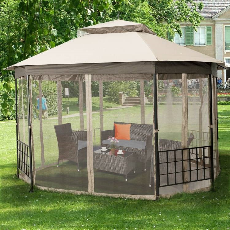 Outdoor 10 x 12 Ft Octagon Gazebo with Mosquito Net Sidewalls and Beige Canopy in a backyard setting
