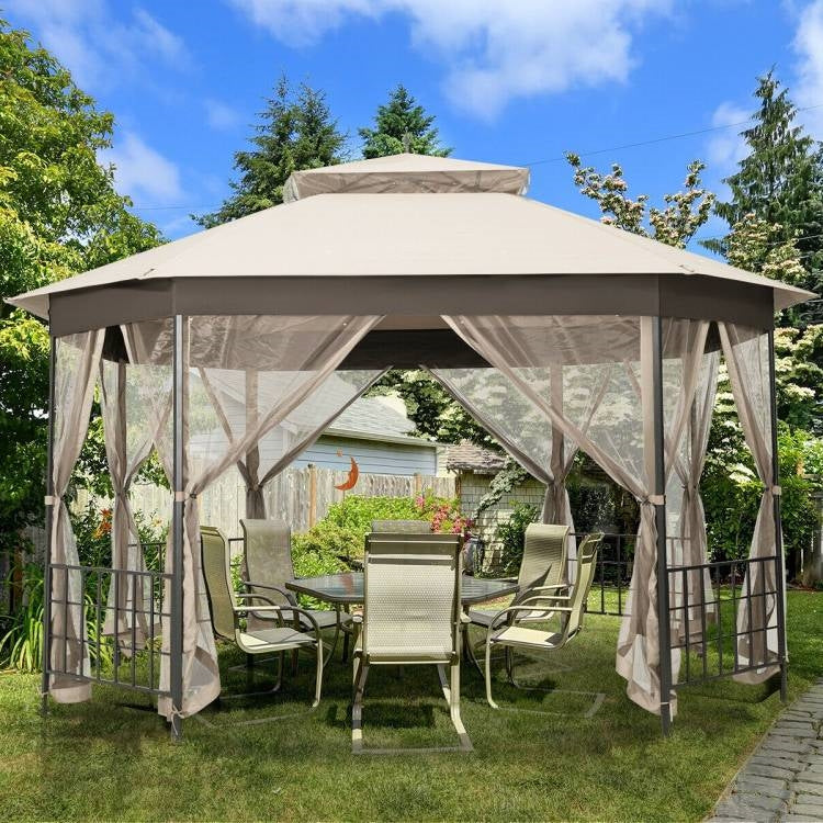 Outdoor 10 x 12 Ft Octagon Gazebo with Mosquito Net Sidewalls and Beige Canopy in a backyard garden setting
