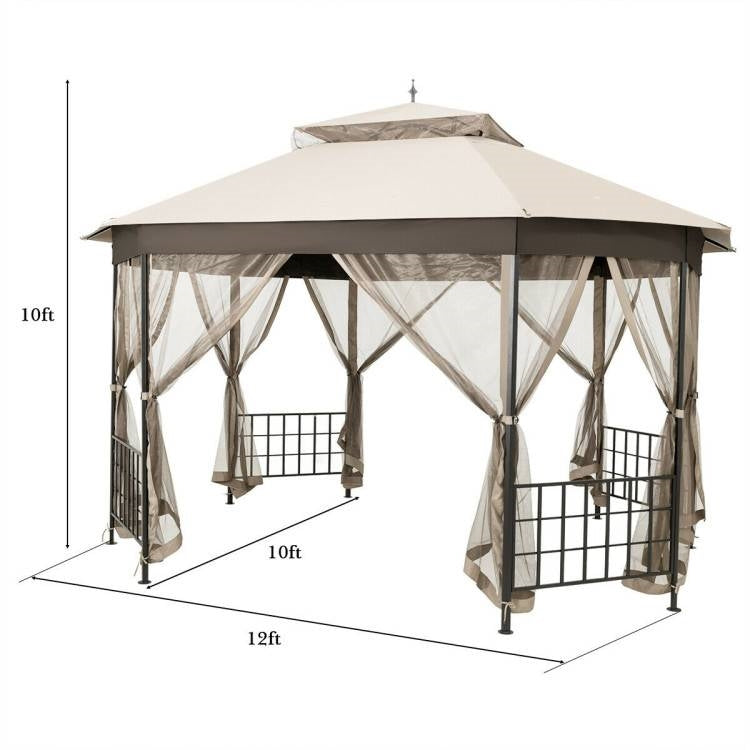 Outdoor 10 x 12 Ft Octagon Gazebo with Mosquito Net Sidewalls and Beige Canopy in backyard setting