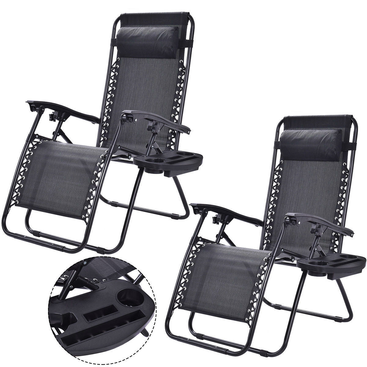 Set of 2 Black Folding Outdoor Zero Gravity Lounge Chair Recliner with cup holder