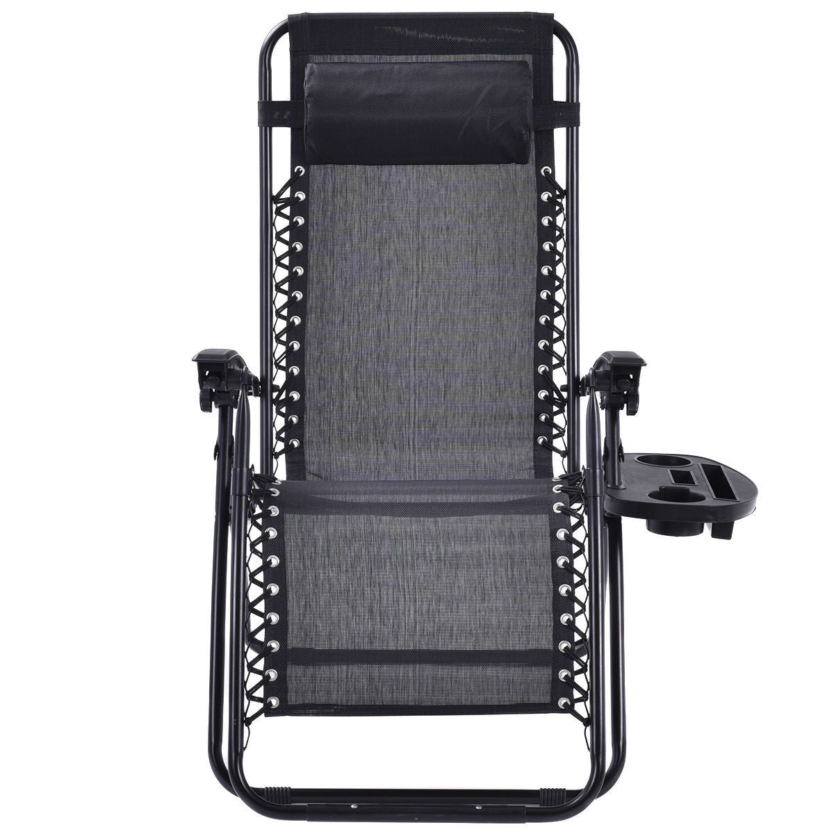 Set of 2 Black Folding Outdoor Zero Gravity Lounge Chair Recliner with tray, front view showcasing steel frame and textilene surface.