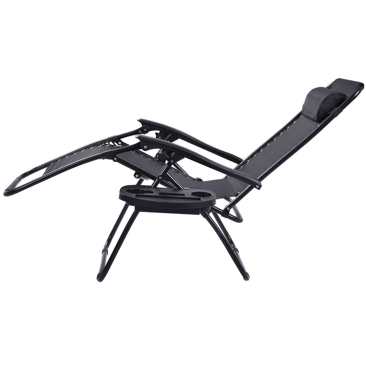 Set of 2 Black Folding Outdoor Zero Gravity Lounge Chair Recliner with cup holder, ideal for patio or backyard relaxation.