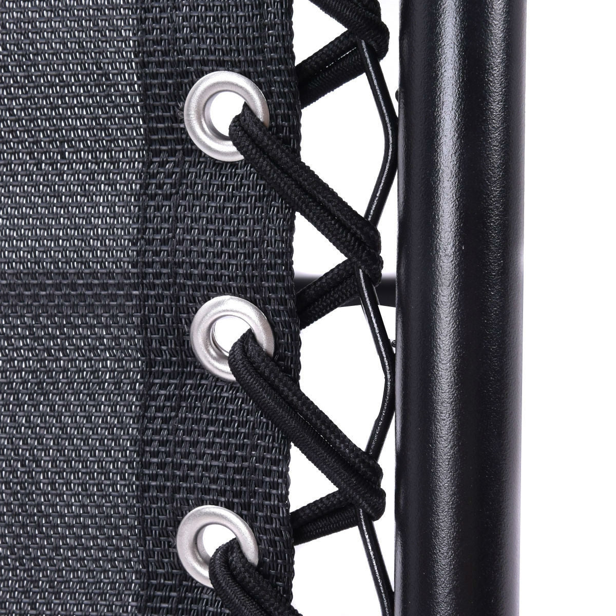 Close-up of Set of 2 Black Folding Outdoor Zero Gravity Lounge Chair Recliner frame detail and fabric