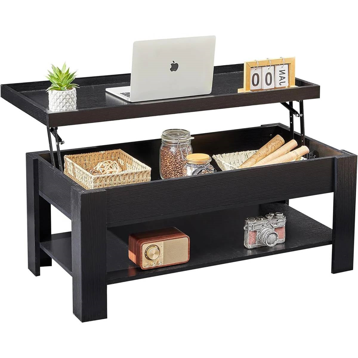 Modern Lift Top Coffee Table Laptop Tray with Storage Shelf in Black Wood Finish, adjustable tabletop raised with items on display.
