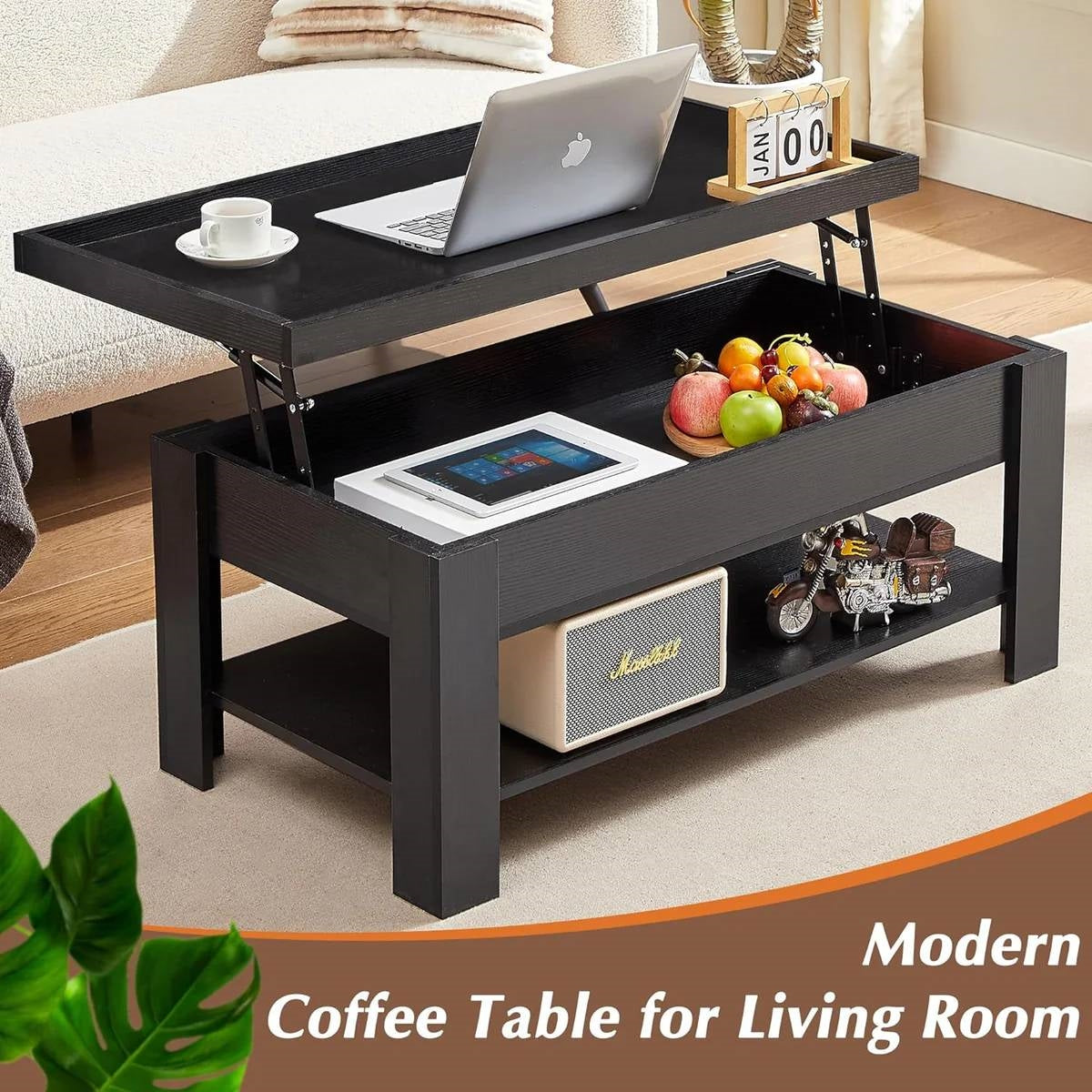 Modern Lift Top Coffee Table Laptop Tray with Storage Shelf in Black Wood Finish showcasing adjustable tabletop in living room.