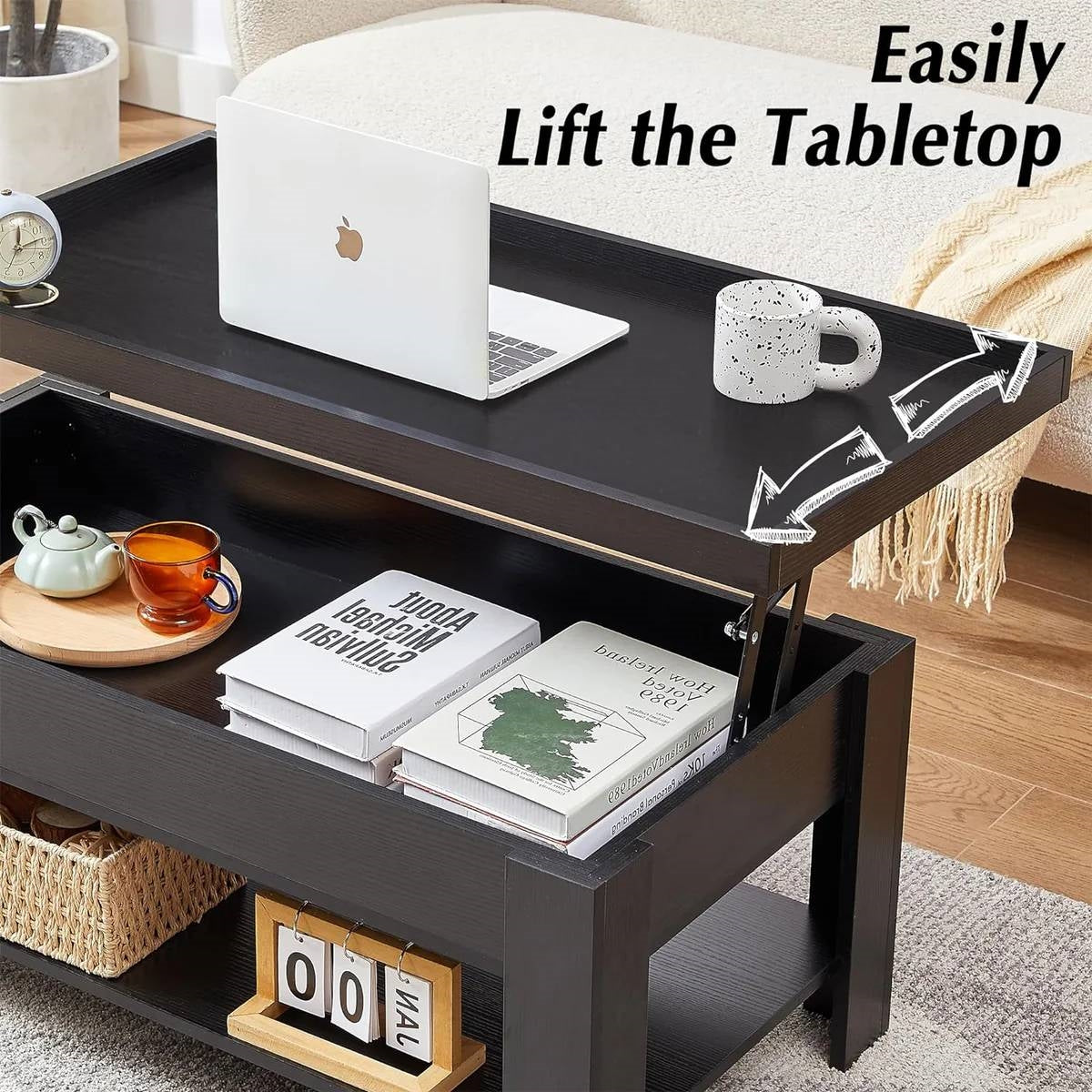 Modern Lift Top Coffee Table Laptop Tray with Storage Shelf in Black Wood Finish with adjustable tabletop and storage space.