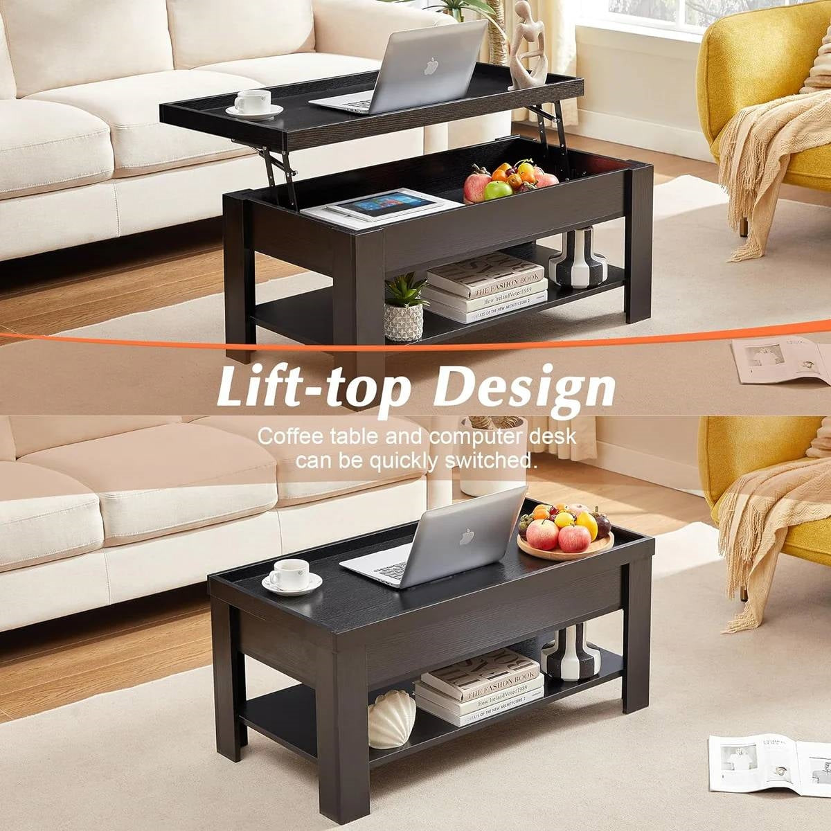 Modern Lift Top Coffee Table Laptop Tray with Storage Shelf in Black Wood Finish, adjustable tabletop raised for workspace or dining.