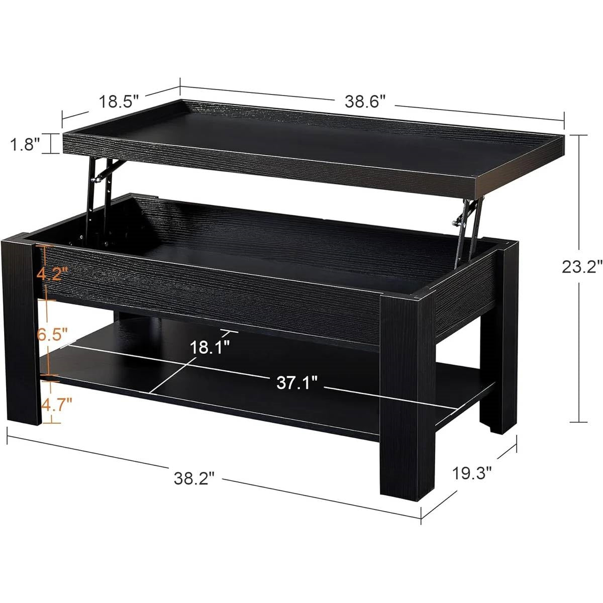 Modern Lift Top Coffee Table Laptop Tray with Storage Shelf in Black Wood Finish, adjustable tabletop shown in lifted position.