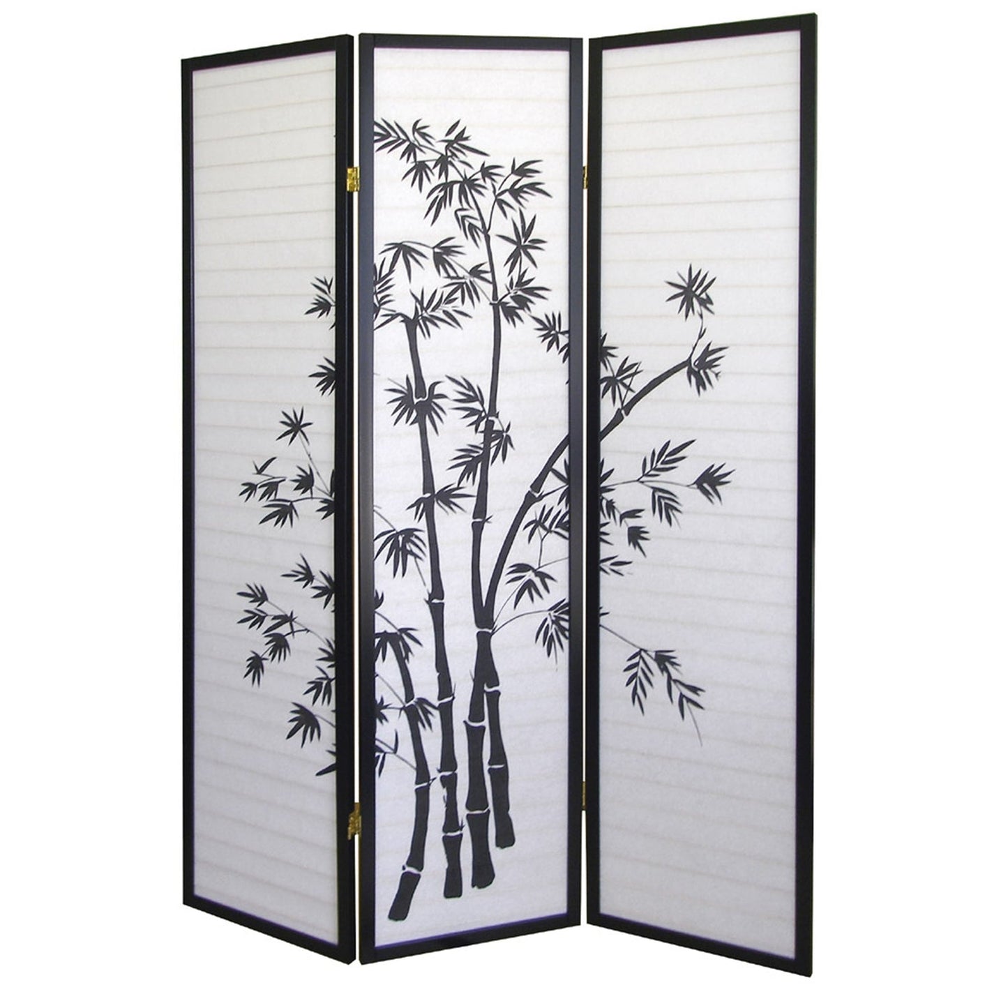 3-Panel Room Divider Privacy Screen with Bamboo Design Black White featuring a stylish bamboo pattern on a black wooden frame.