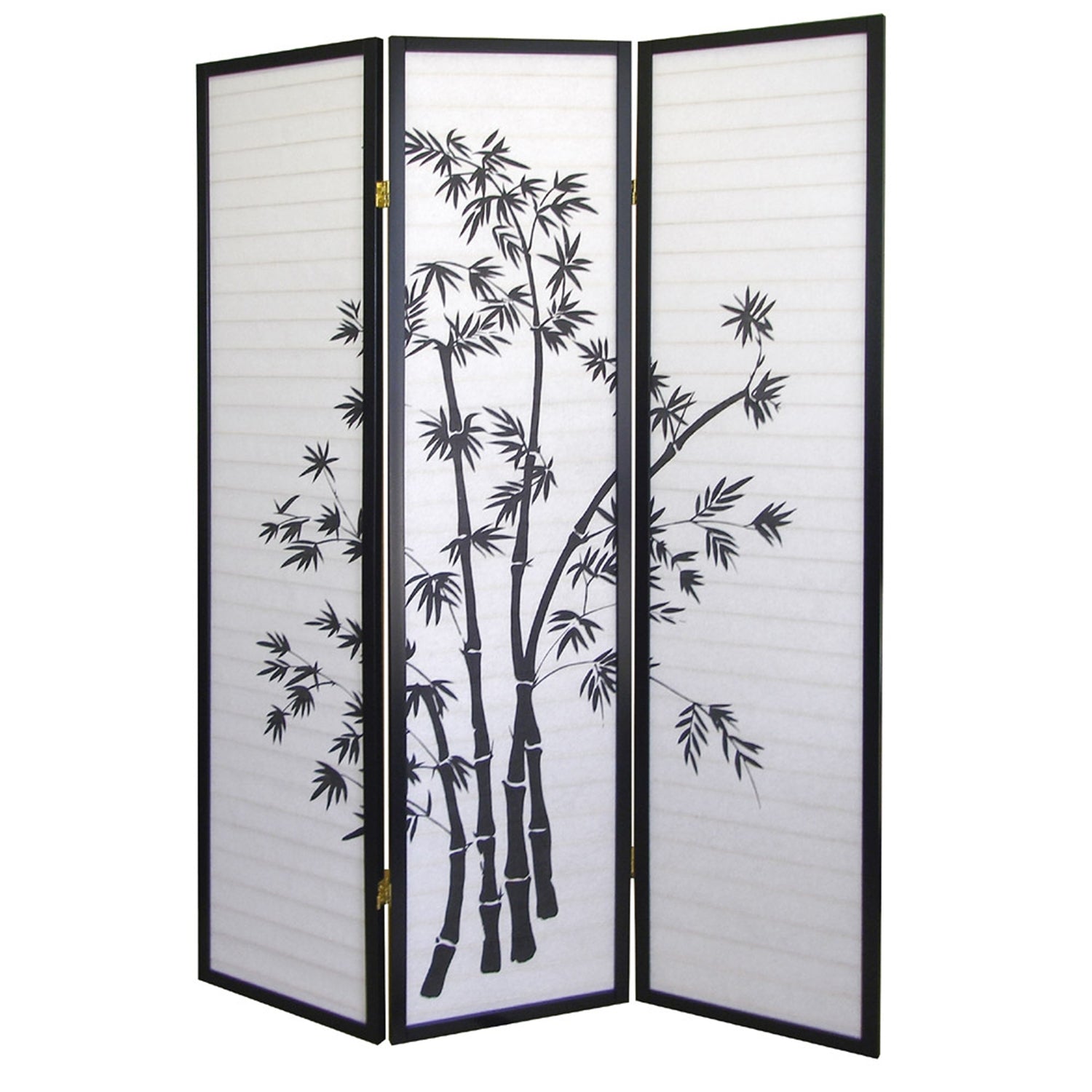 3-Panel Room Divider Privacy Screen with Bamboo Design Black White featuring a stylish bamboo pattern on a black wooden frame.