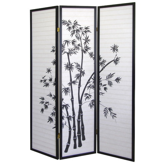 3-Panel Room Divider Privacy Screen with Bamboo Design Black White featuring a stylish bamboo pattern on a black wooden frame.