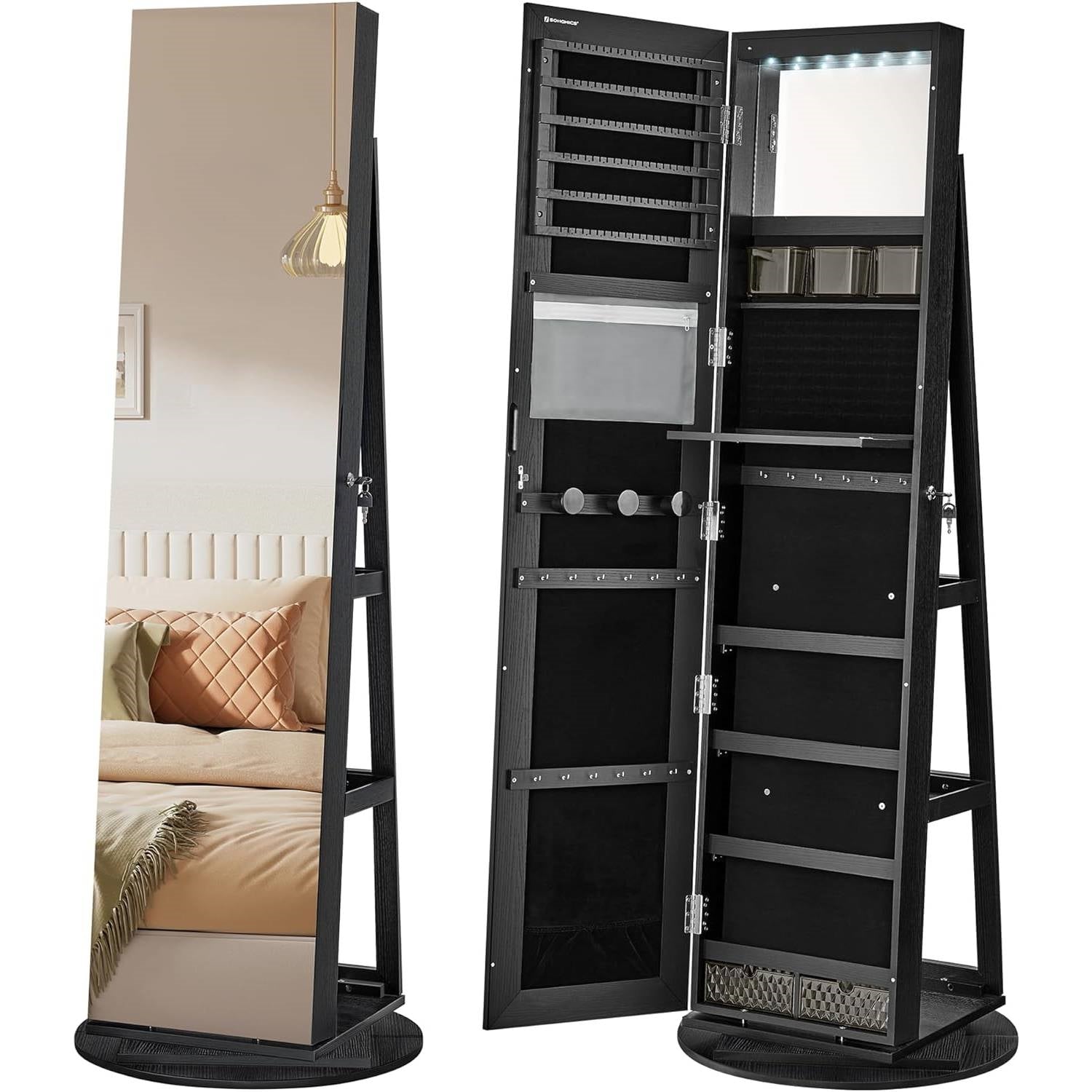 Black Wood Jewelry Cabinet Armoire Organizer Freestanding Rotating Mirror with full-length mirror and multiple storage options