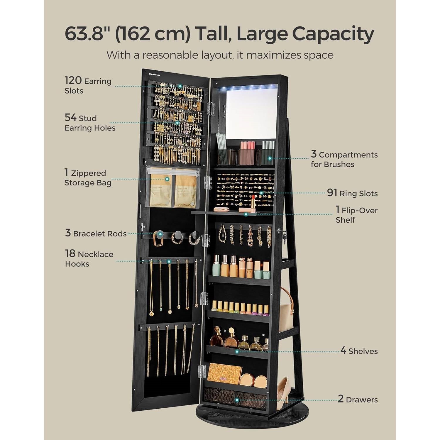Black Wood Jewelry Cabinet Armoire Organizer Freestanding Rotating Mirror with ample storage for earrings, necklaces, and rings