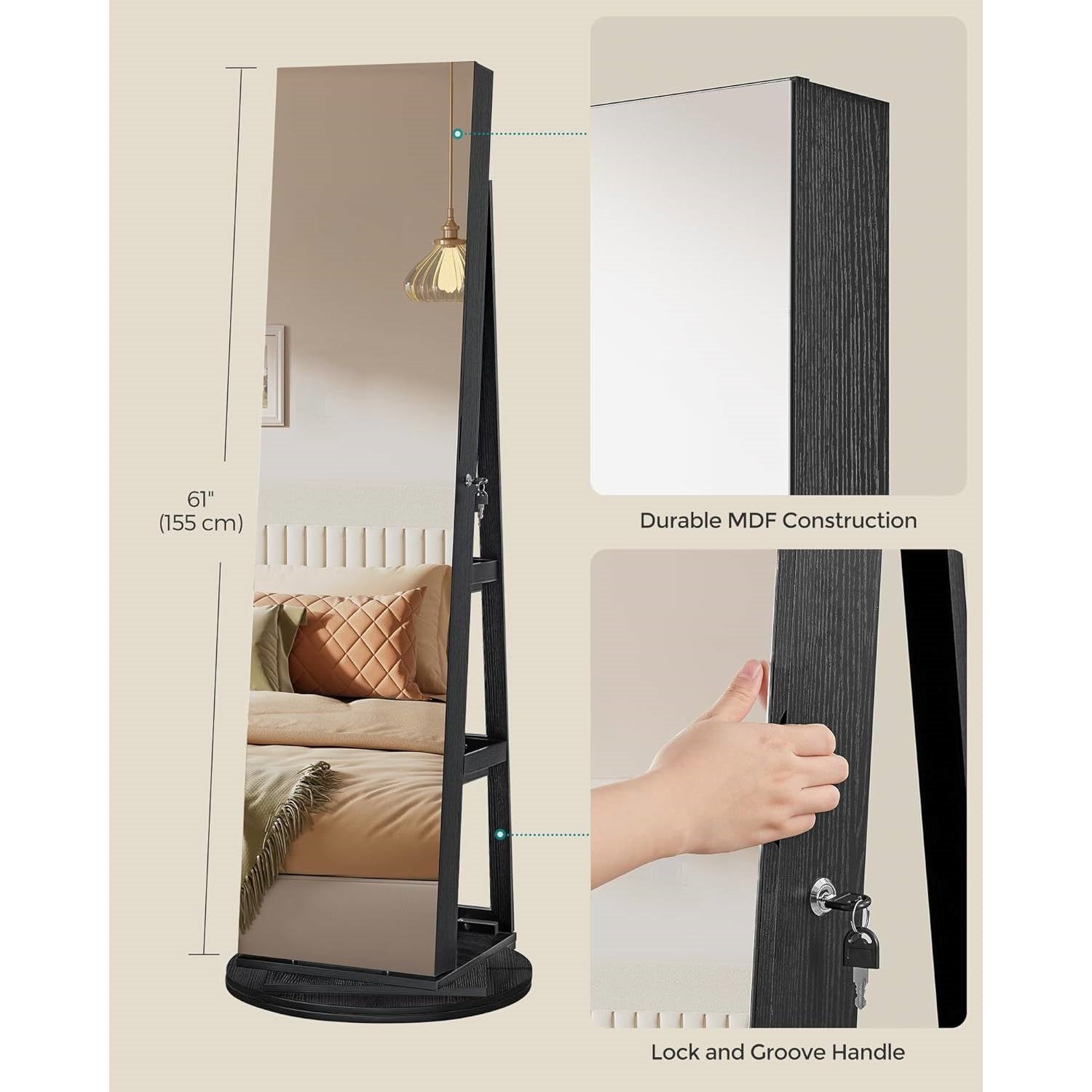 Black Wood Jewelry Cabinet Armoire Organizer Freestanding Rotating Mirror with full-length mirror and lock, 61 inches tall.