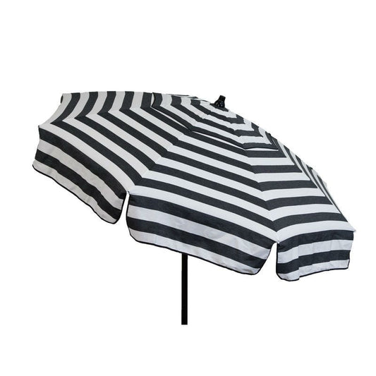 6 Foot Black White Stripe Drape Umbrella Manual Lift with Tilt, perfect for sunny outdoor areas, made in Italy with acrylic UV protection.