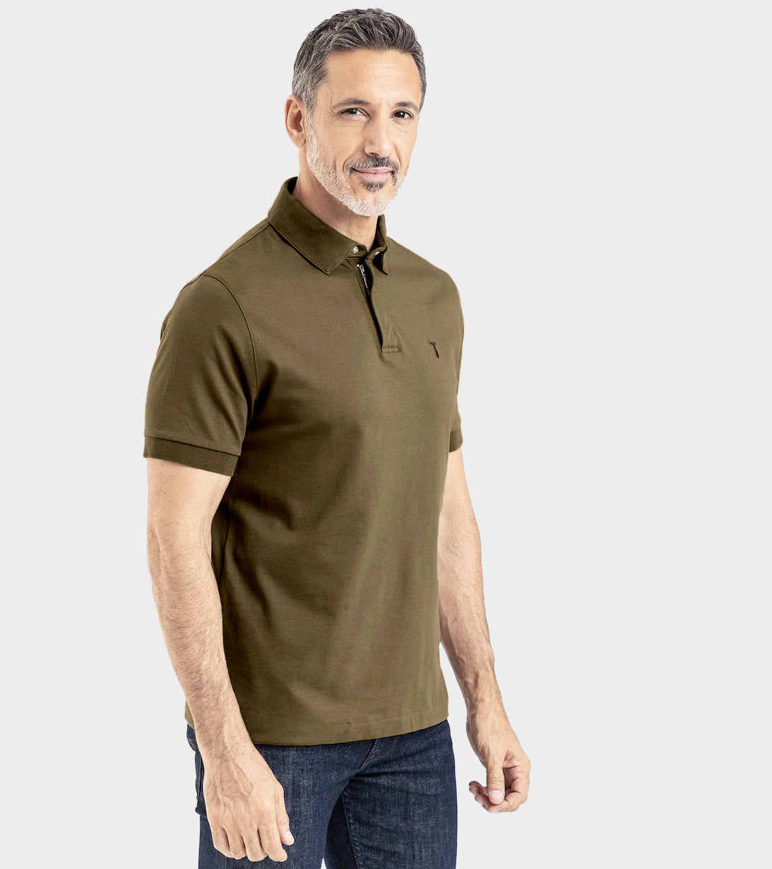 Man wearing the Short Sleeve Perfect Polo with StaySharp™ Collar, showing tailored comfort and modern fit