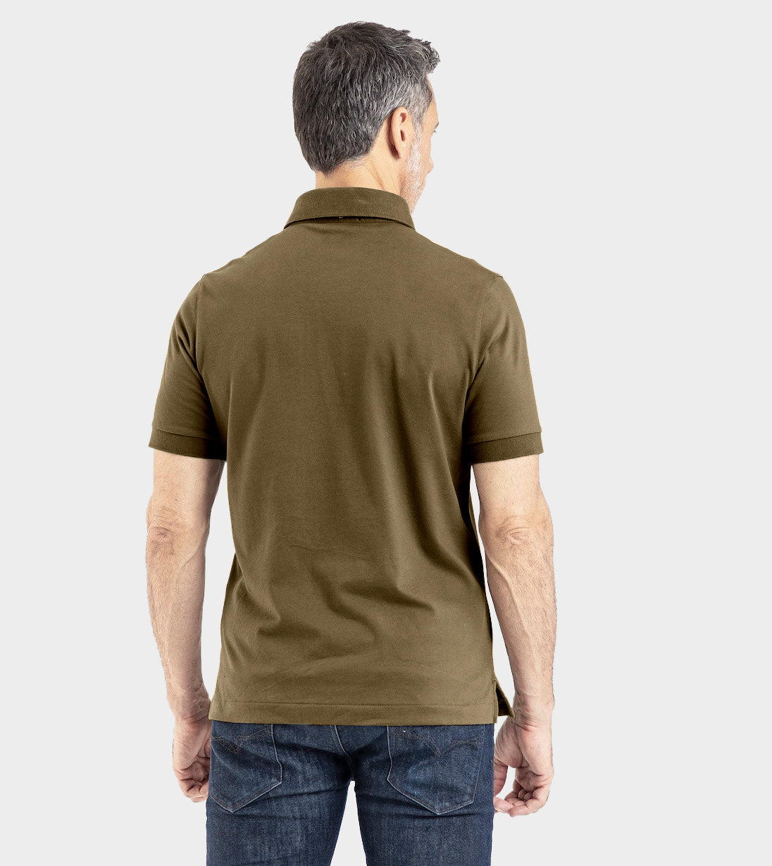 Back view of man wearing olive Short Sleeve Perfect Polo with StaySharp™ Collar, tailored fit, and fade-resistant fabric.