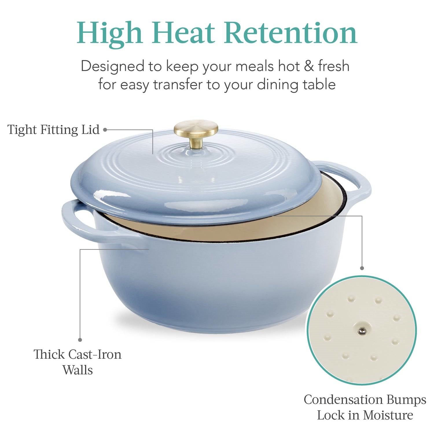6 Quart Large Baby Blue Enamel Cast-Iron Dutch Oven Kitchen Cookware with tight fitting lid and thick cast-iron walls for high heat retention