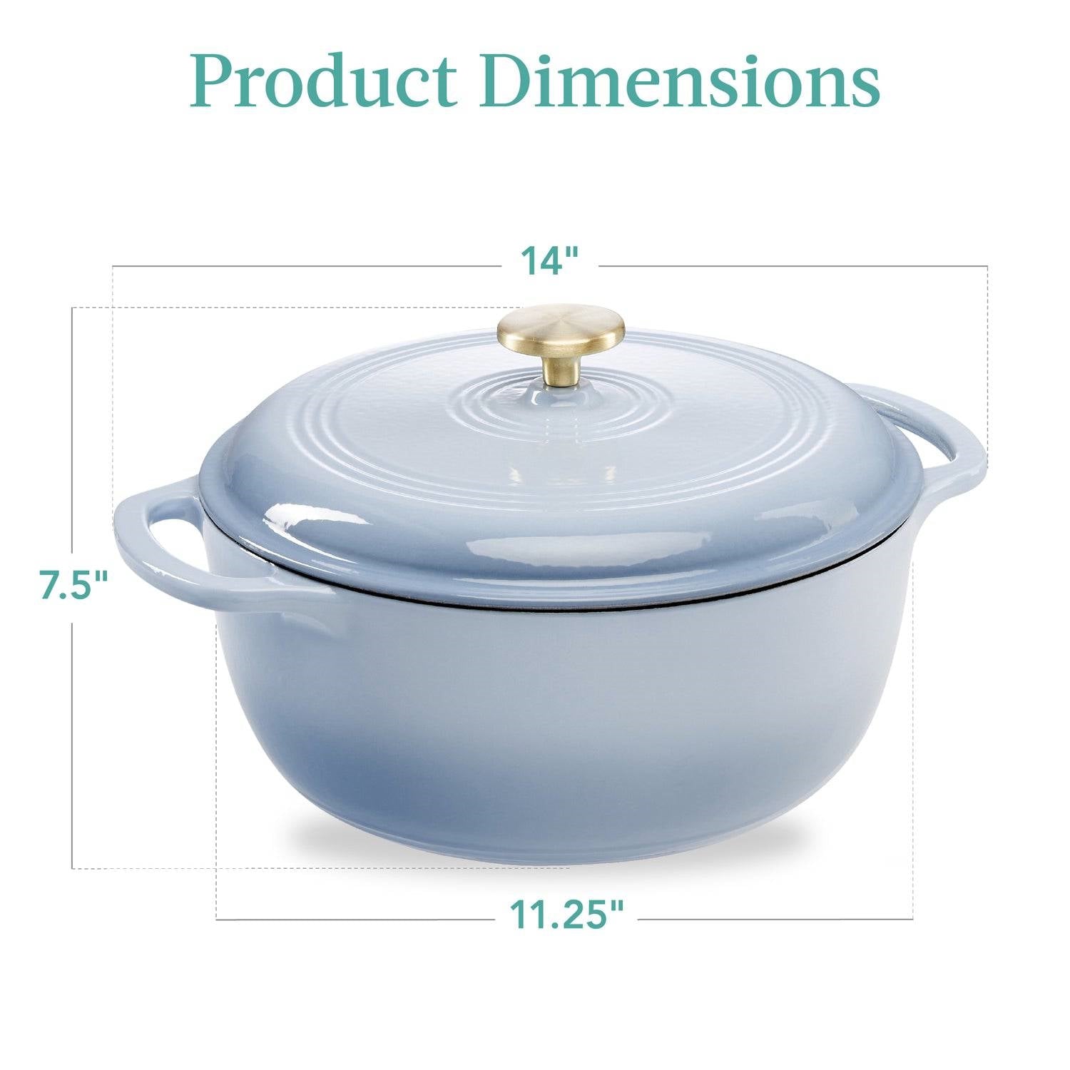 6 Quart Large Baby Blue Enamel Cast-Iron Dutch Oven Kitchen Cookware with dimensions 14x11.25x7.5 inches
