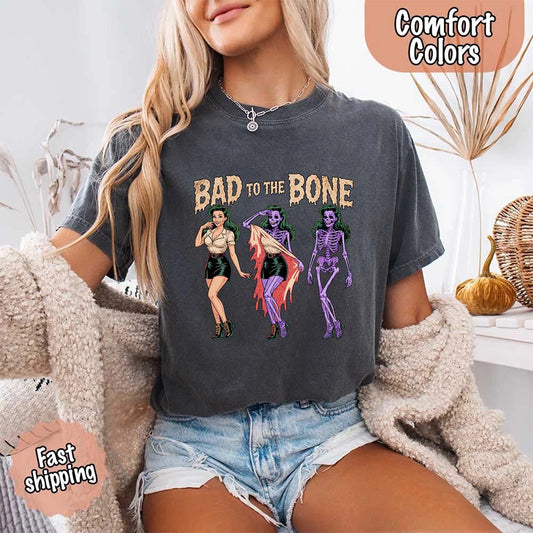 Bad To The Bone Comfort Colors Vintage Shirt - Skeleton Halloween Girl T-shirt