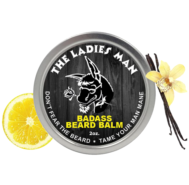 Badass Beard Balm container with lemon, vanilla bean, and flower on a white background