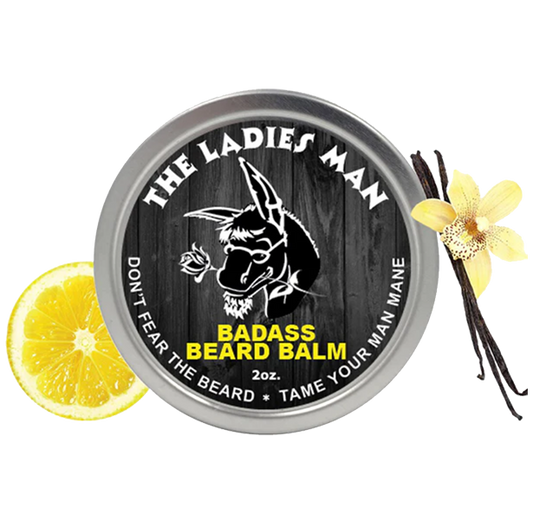 Badass Beard Balm container with lemon, vanilla bean, and flower on a white background