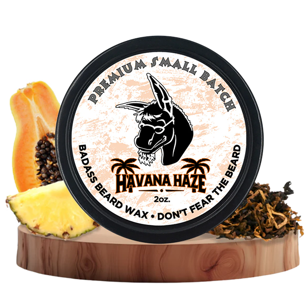 Havana Haze Beard Wax tin with tropical fruits and scents for premium beard styling.