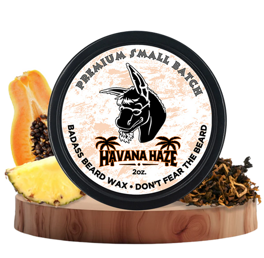 Havana Haze Beard Wax tin with tropical fruits and scents for premium beard styling.