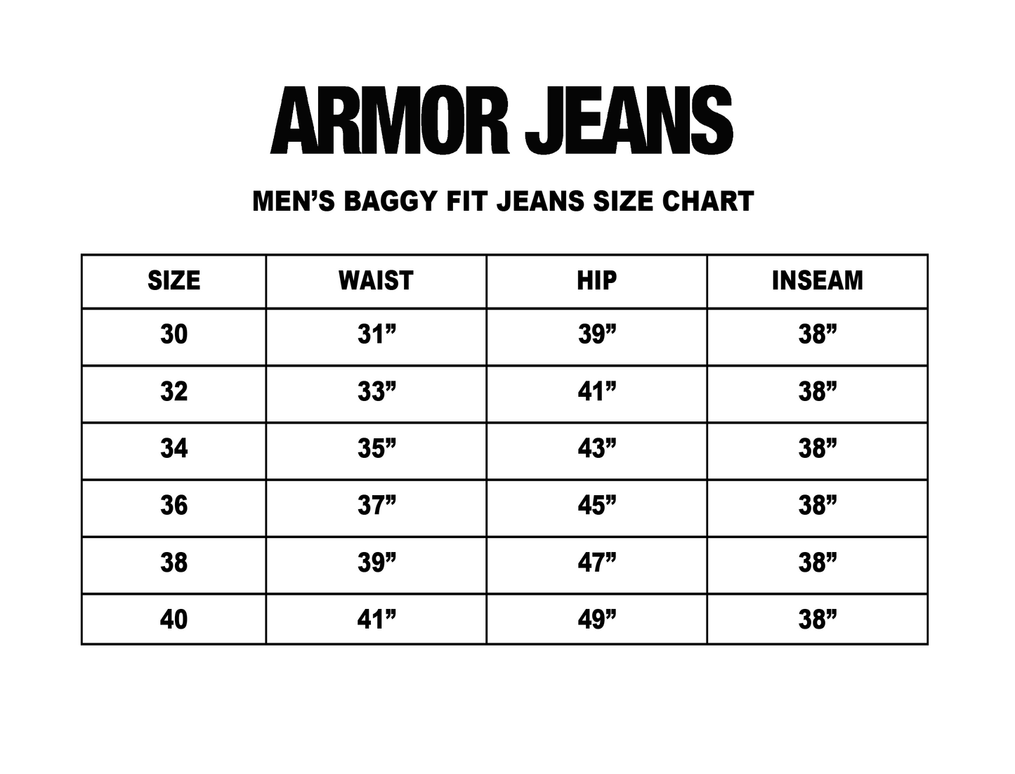 Armor Jeans men's baggy fit jeans size chart with waist, hip, and inseam measurements for sizes 30 to 40.