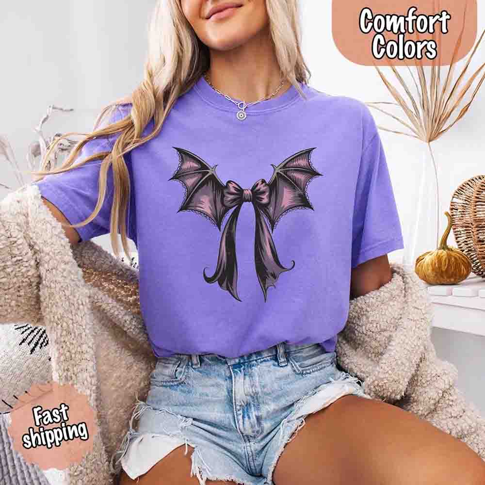 Bat Bow Comfort Colors Shirt – Trendy Halloween Tee
