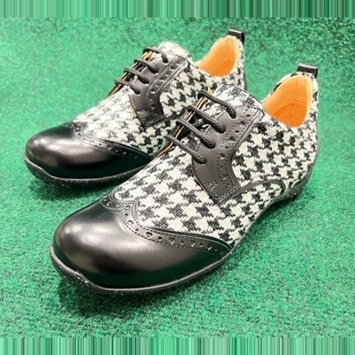 WesTees Javi shoes featuring black and white houndstooth pattern with black wingtip toe, designed for elegance and comfort