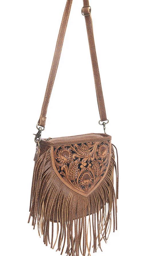 Hand tooled Fringe Bag with detailed leather panel and fringe, Western style purse with zipper closure, spacious for essentials